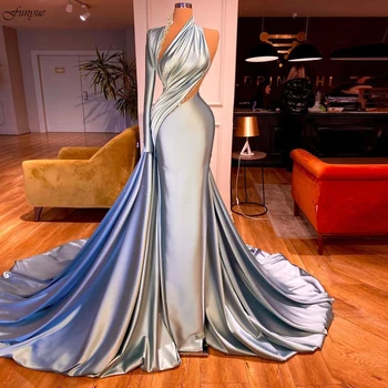 Abendkleider 2022 Sky Blue Mermaid Abiye Uzun Kollu Dubai Resmi Elbise Plise Saten Boncuklu Ayrılabilir Tren Balo Abiye