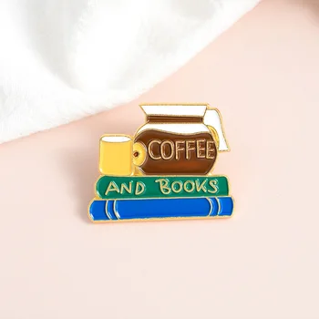 Kahve Ve Kitap Emaye Pin Sarı Fincan Leopar Rozeti Broş Denim Elbise Moda Karikatür Takı Hediye İçin Erkek Ve kız