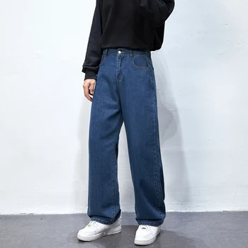 Kore tarzı Erkekler Geniş Bacak Kot Sonbahar Yeni Moda Mavi Baggy Kot Pantolon Erkek Streetwear Düz Paspas Pantolon