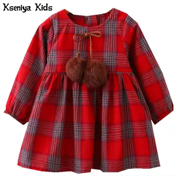 Kseniya Çocuklar Sonbahar %2017 Pamuk Kırmızı Sarı Kız Elbise İngiltere Tarzı Ekose Kürk Topu Yay Tasarım Bebek Kız Uzun Kollu Elbise