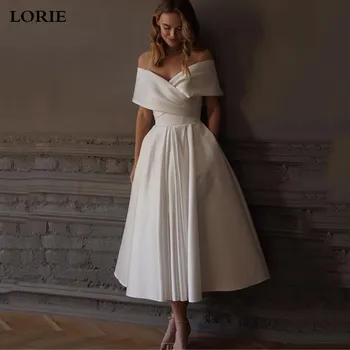 LORIE Prenses düğün elbisesi Kapalı Omuz Saten Kısa gelin elbiseleri Vestidos De Nnovia 2022 Çay Boyu Düğün Törenlerinde