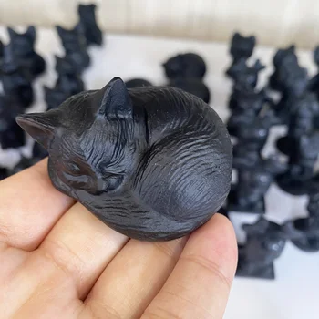 Obsidiyen taş Oyma Sevimli Kedi Hayvan Heykel El Sanatları Doğal Karikatür Kristal Şifa Hediye İçin 1 ADET
