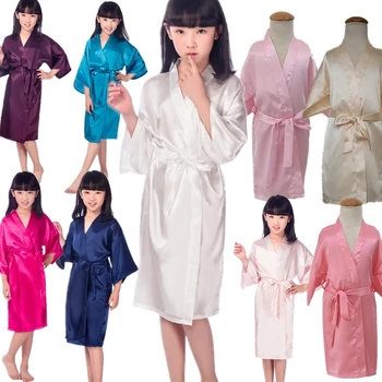 Toptan kızın Kimono Bornoz Çocuk Bornoz Spa Saten Ipek Gecelik Düğün Gelin Doğum Günü Çocuklar Pijama D35