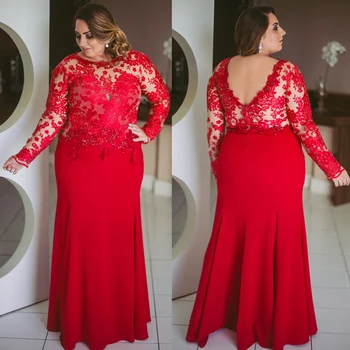 Zarif Kırmızı Uzun Kollu anne Gelin Elbiseler Artı Boyutu Jewel Boyun Dantel Boncuk Elbise Gelin Anne Düğün Parti